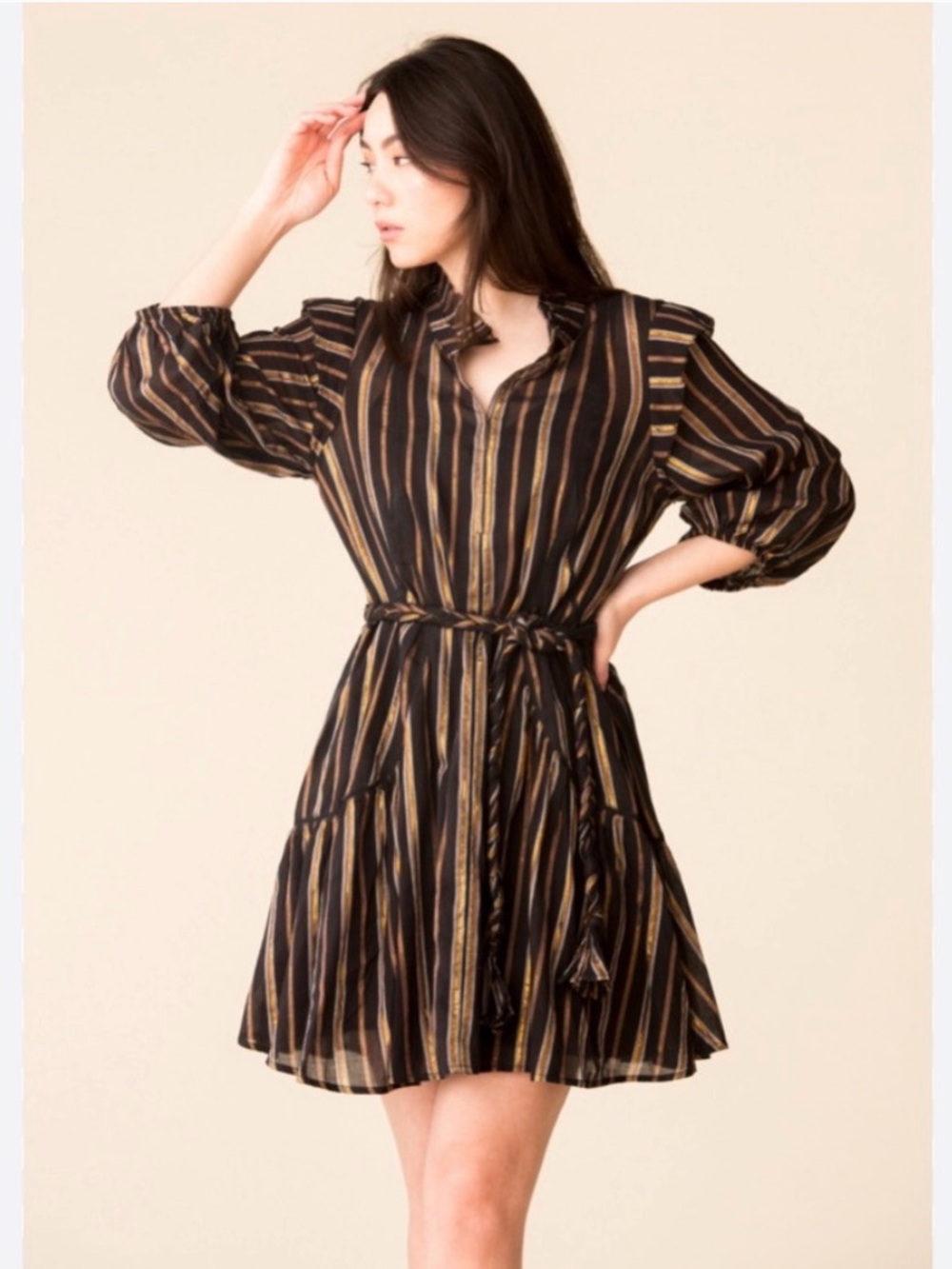 NWT APIECE APART Rafaela Black Metallic Striped Belted Short Dress